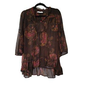 Maurices brown 3/4 sleeve high low asymmetrical tunic top self-tie large 1120